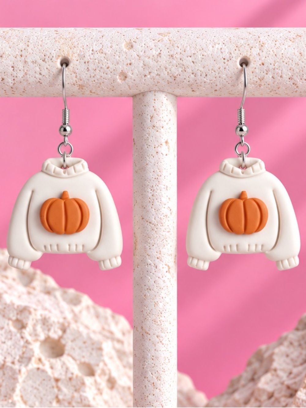 Pumpkin Knitty — Fall & Autumn — Handmade Earrings — White & Orange